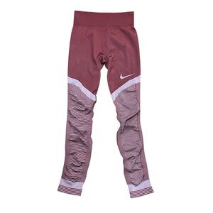 Nike Red Pink Leggings Dri-Fit Striped Ruched Athletic Gym Workout Pants